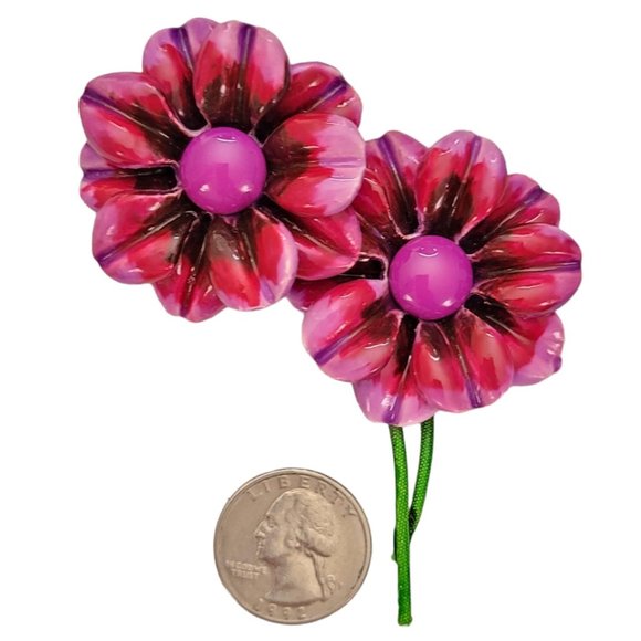 Pink Purple Plastic Daisy Flower Duo, Green Metal Stem Pin Brooch E143 - Picture 7 of 10